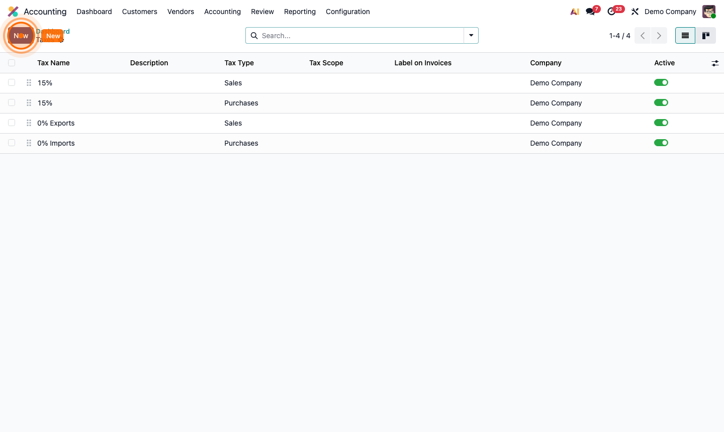 Step 4: Tax configuration showing tax rate, type, accounts, and repartition lines