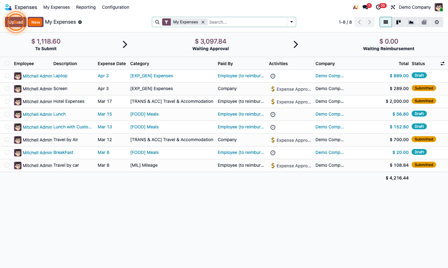 Step 1: Expense categories list with category name, expense account, and re-invoice settings