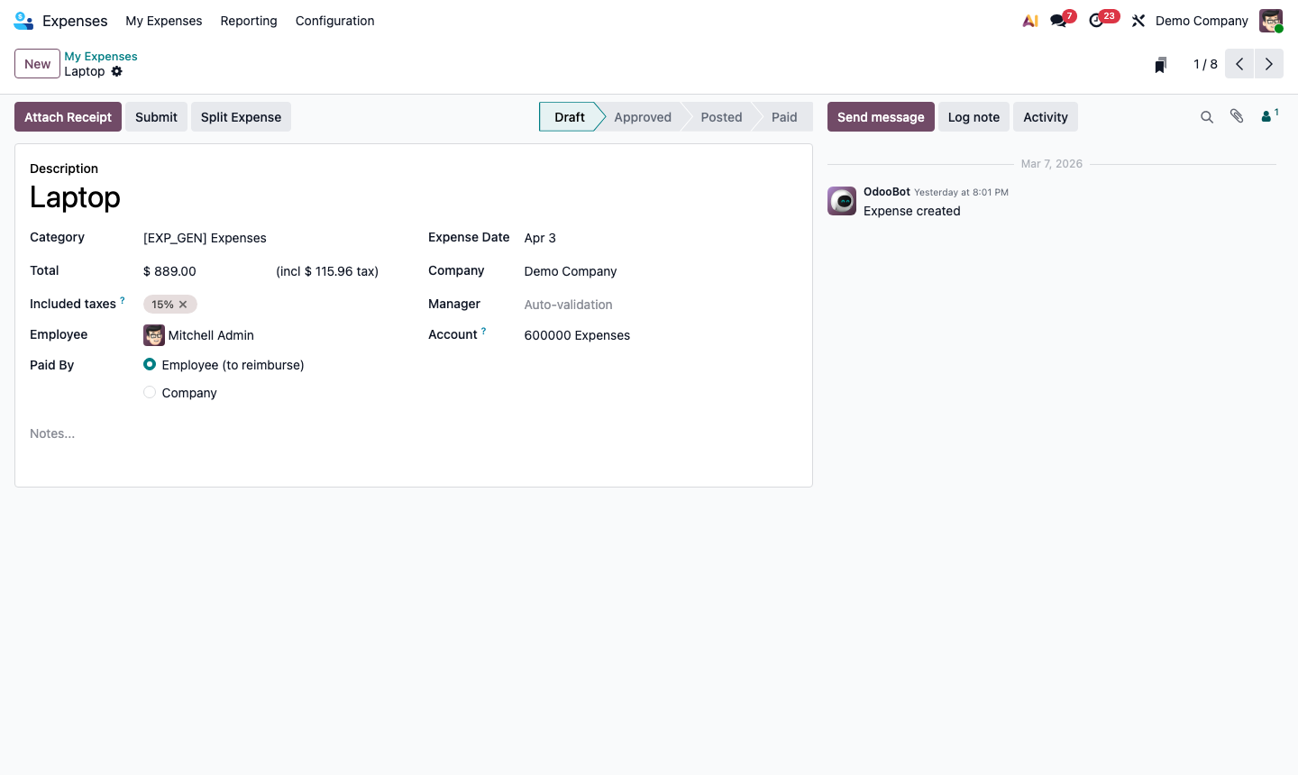 Step 5: Expense reimbursement payment dialog showing bank journal, date, and amount to employee