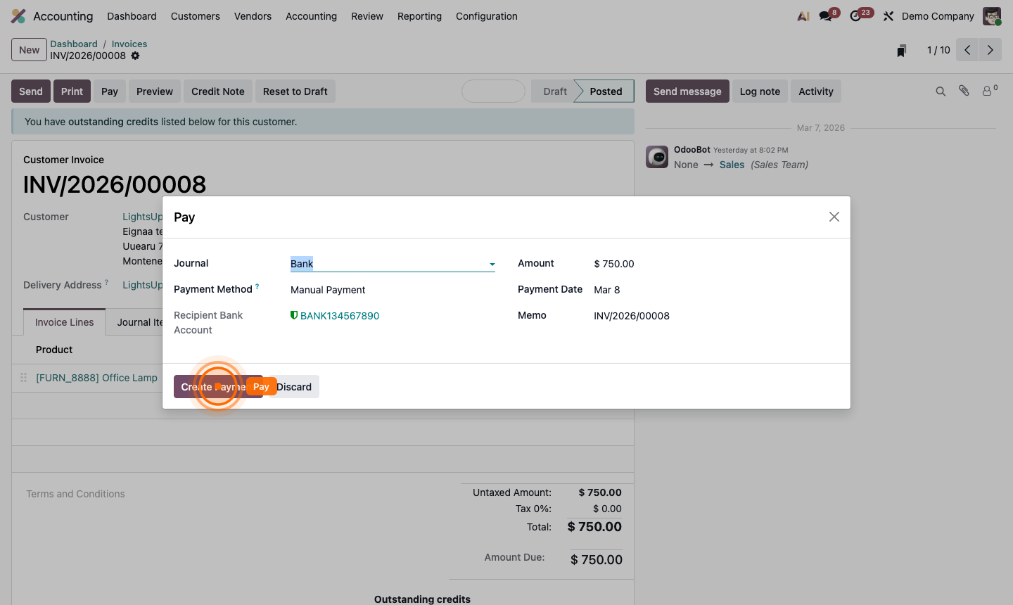 Step 5: Register payment dialog with amount, date, and journal selection
