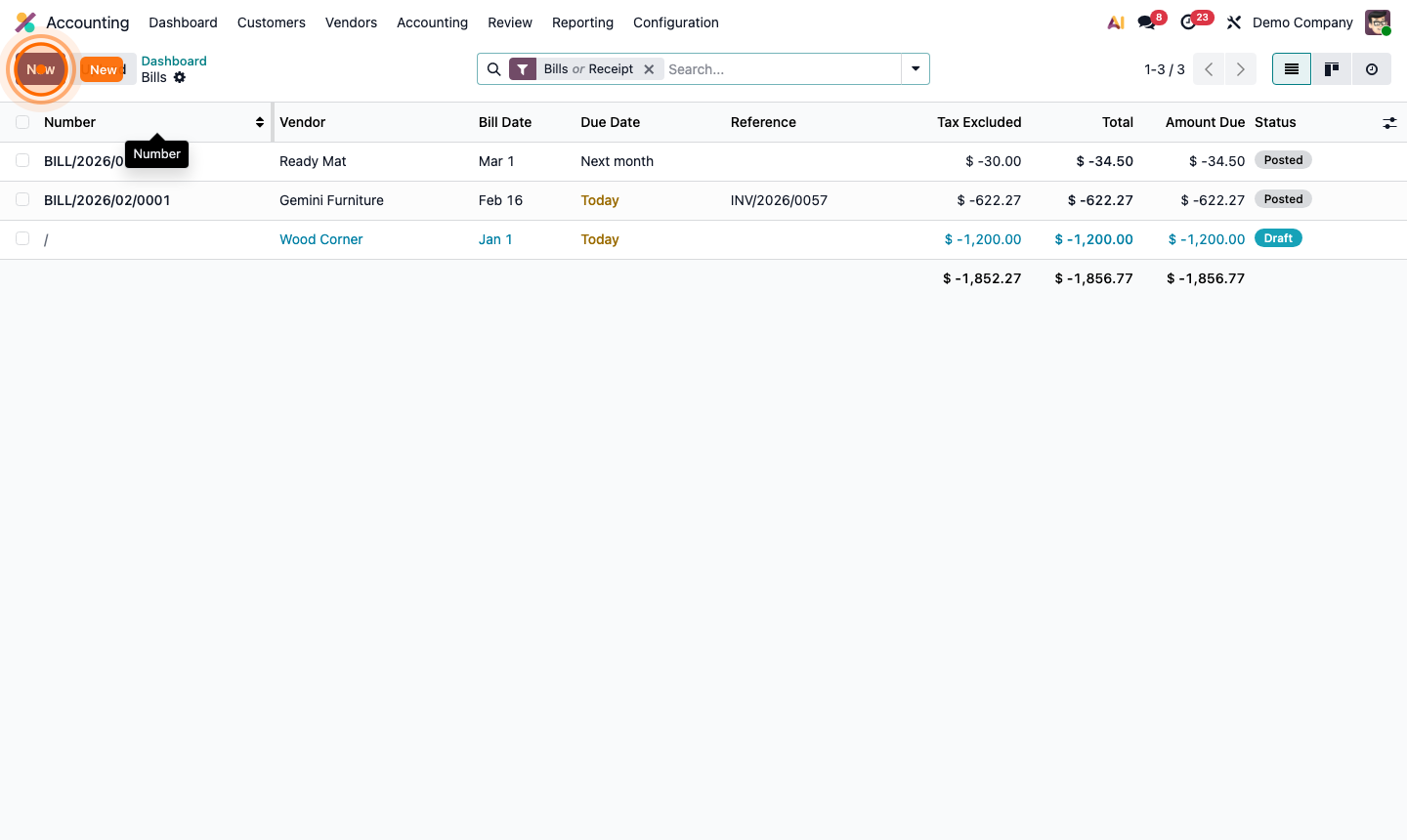 Step 6: Vendor bill form with bill reference, line items, and Confirm button