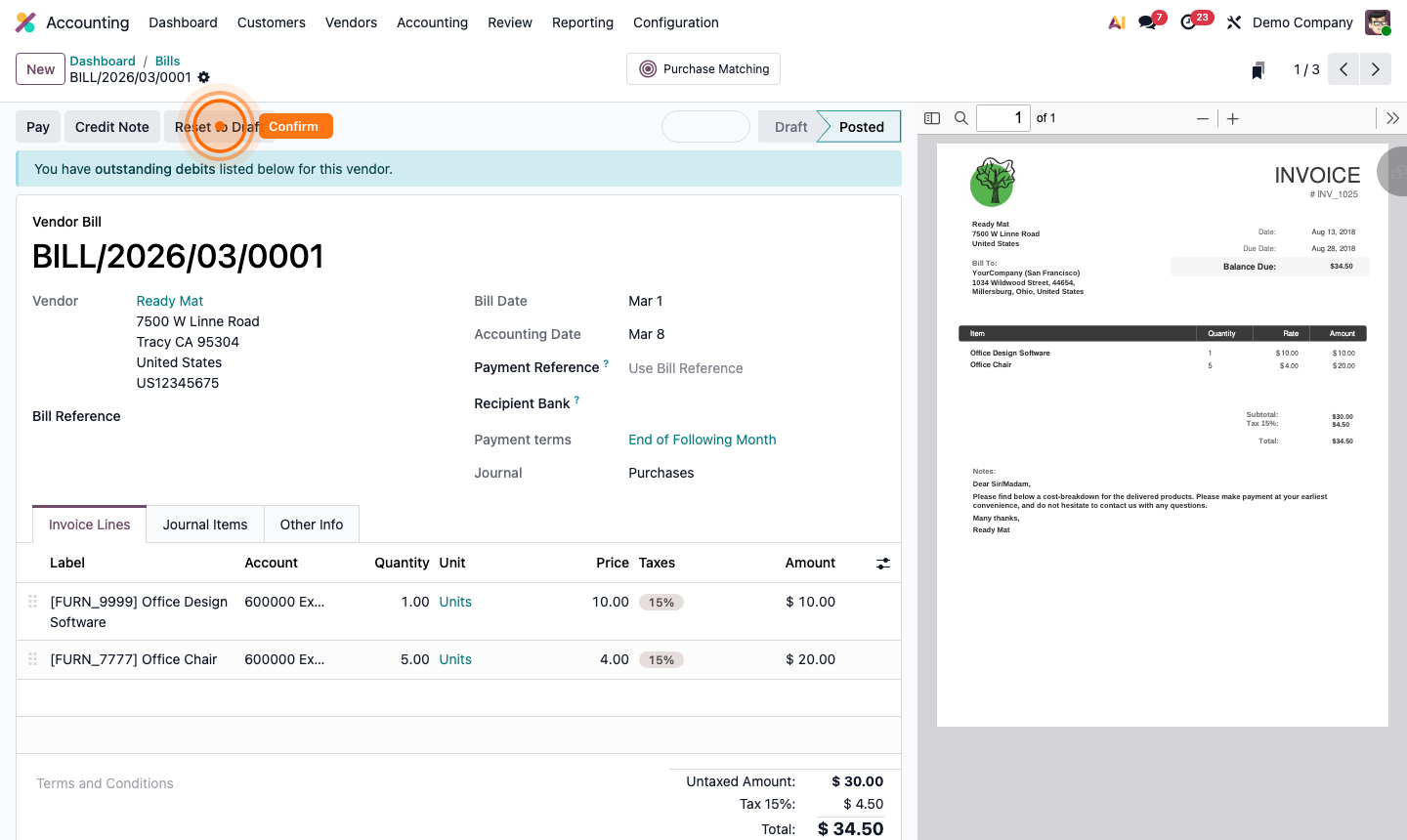 Step 4: Posted vendor bill with assigned bill number and journal entries preview