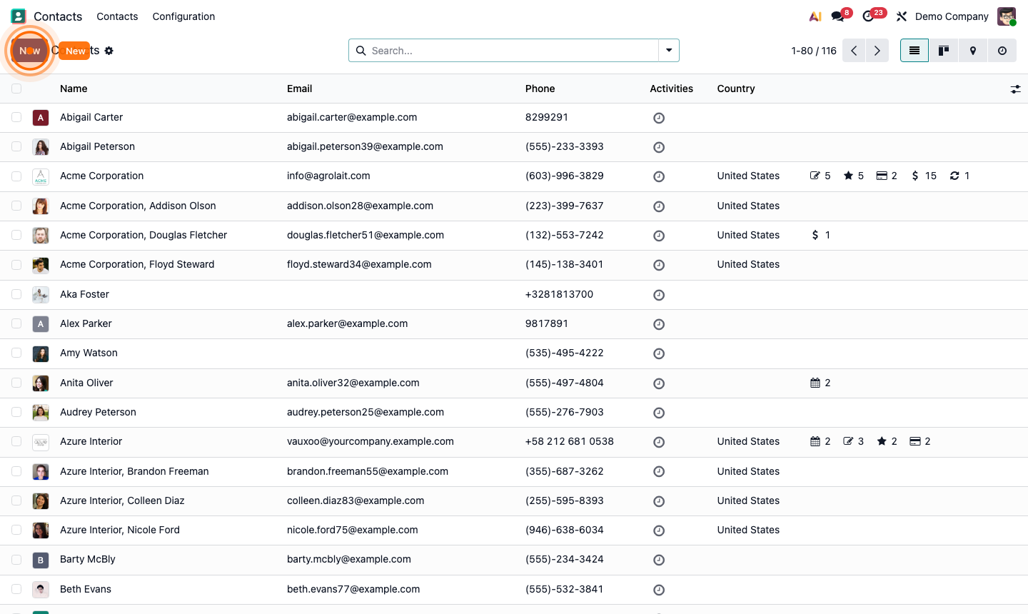 Step 1: Contacts list view with all customers and vendors
