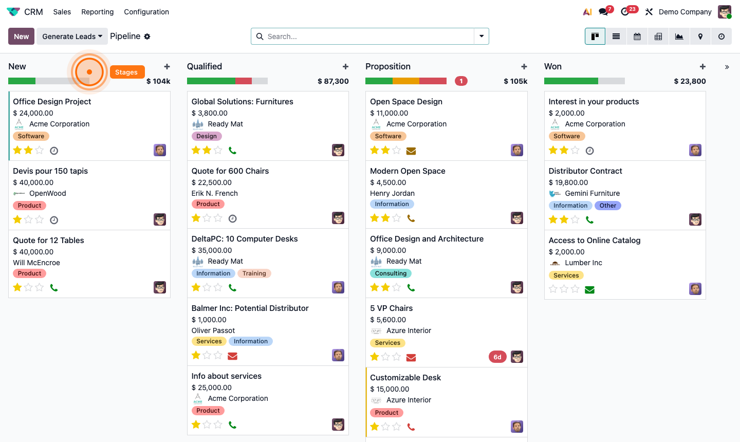 Step 1: CRM Kanban pipeline with stage columns, opportunity cards, and filter bar