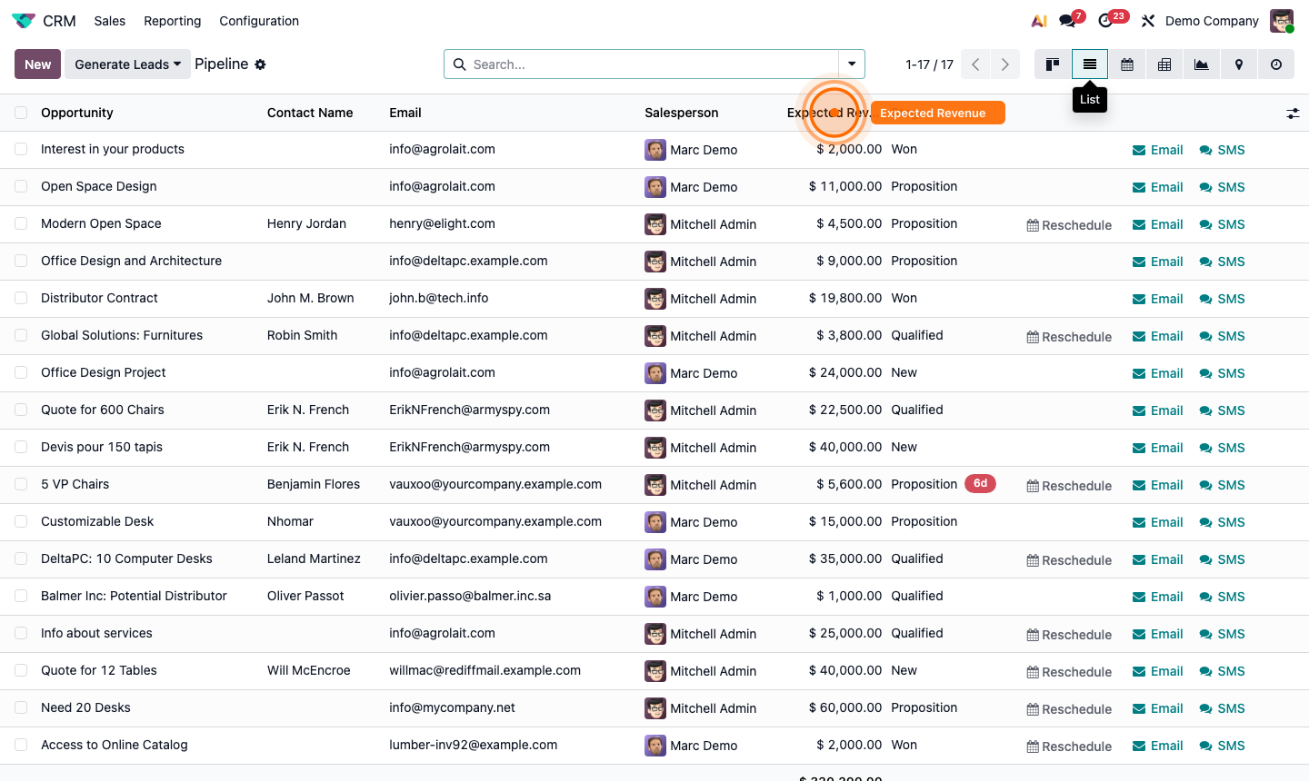 Step 4: CRM list view with opportunities sorted by expected revenue and bulk selection