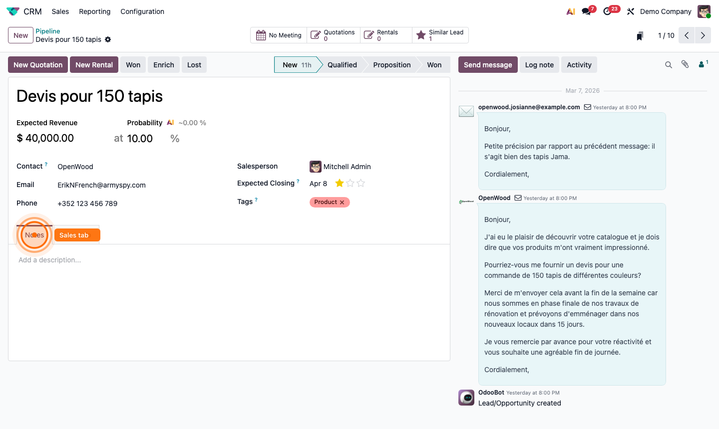 Step 2: Sales team Sales tab showing invoiced target and CRM target fields with progress display