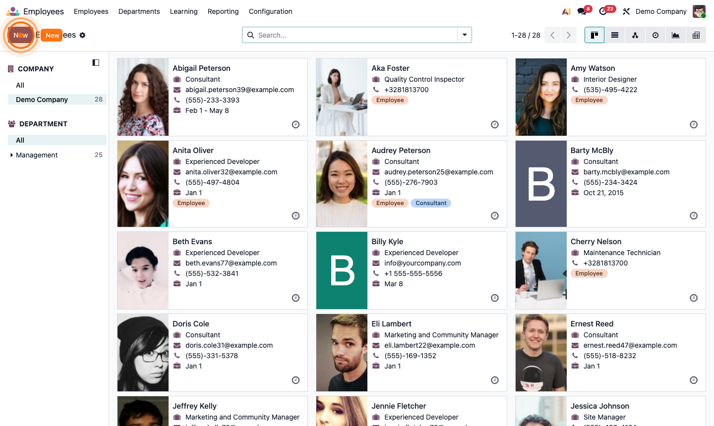 Step 1: Employee Kanban directory with department filter sidebar and employee cards