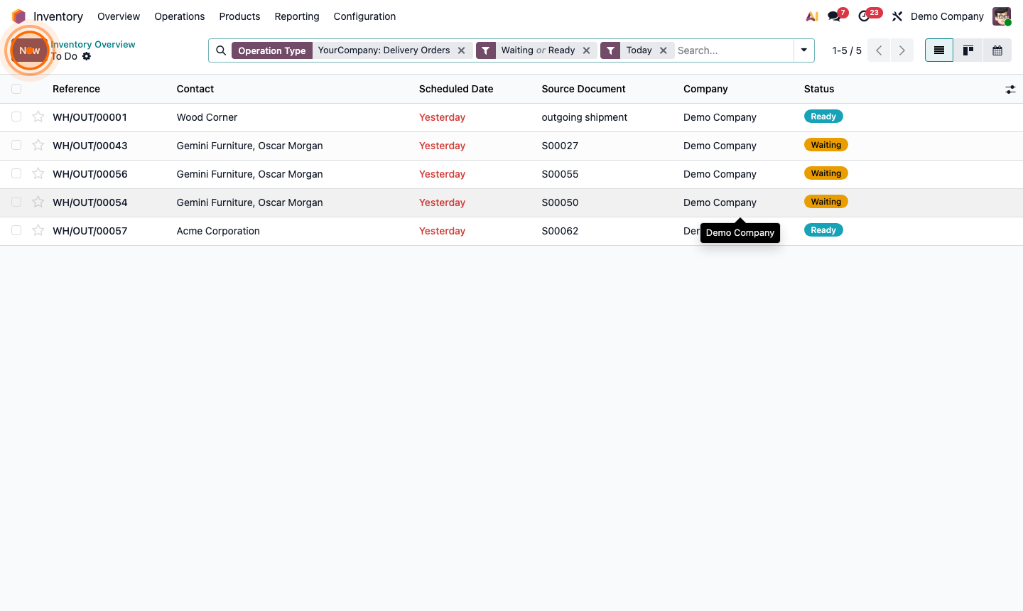 Step 1: Delivery orders list showing Ready and Waiting statuses sorted by scheduled date