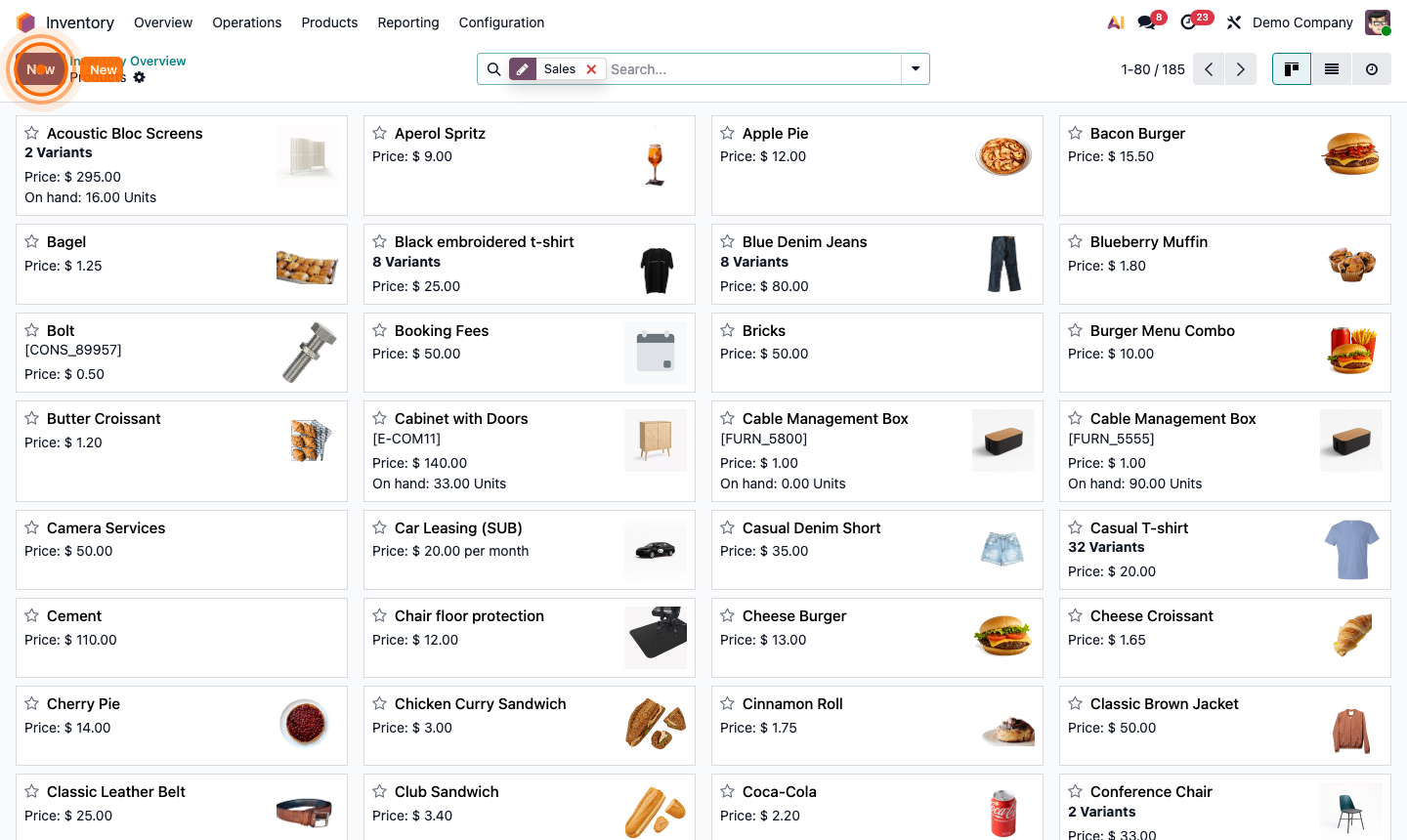 Step 2: New product form showing product type, price, and UoM fields