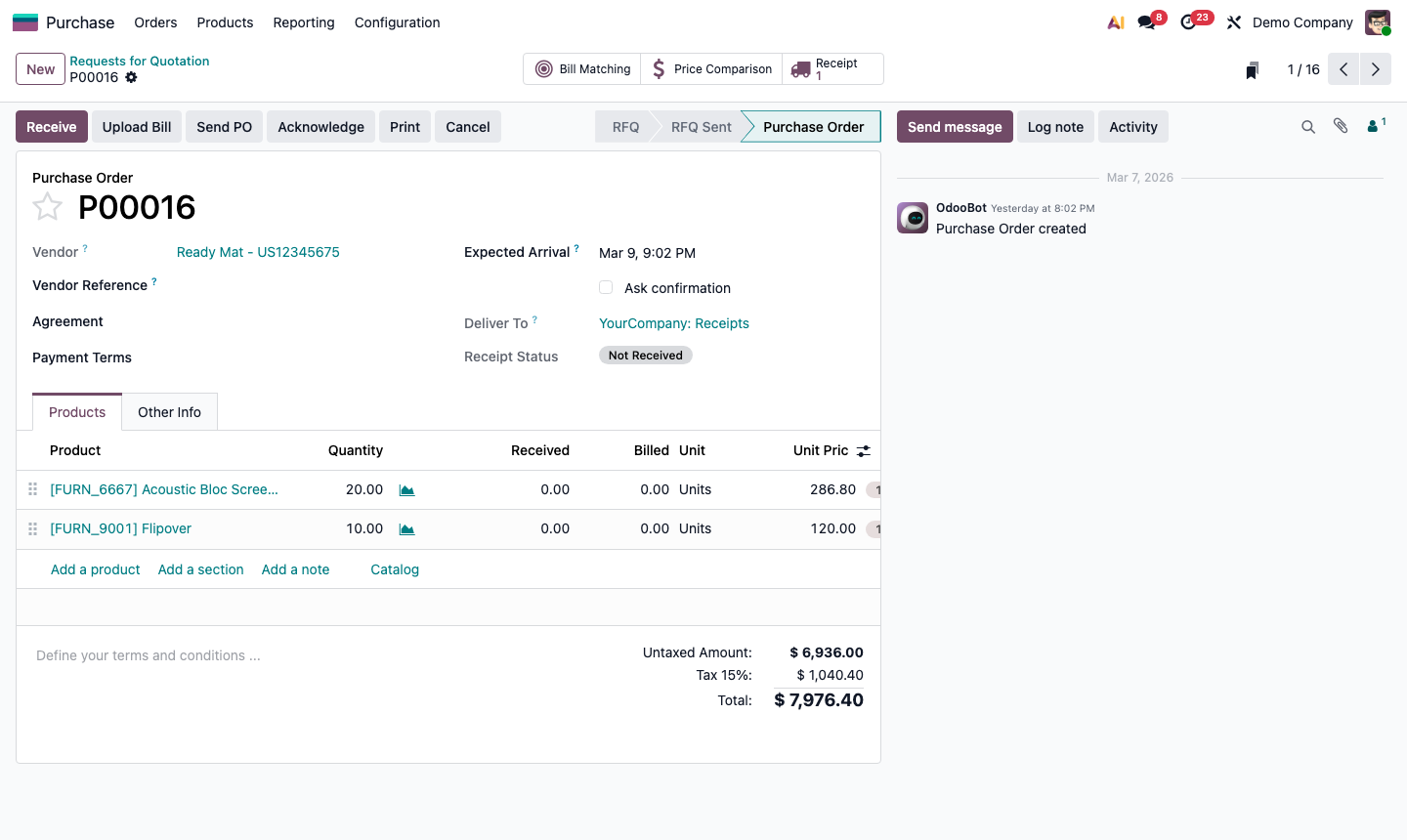 Step 2: New RFQ form with vendor, deadline, expected arrival, and product lines
