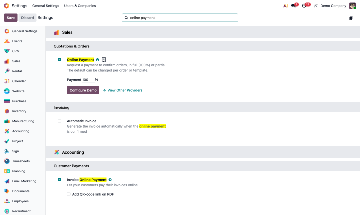 Step 5: Sales settings showing Online Payment option and payment provider selection