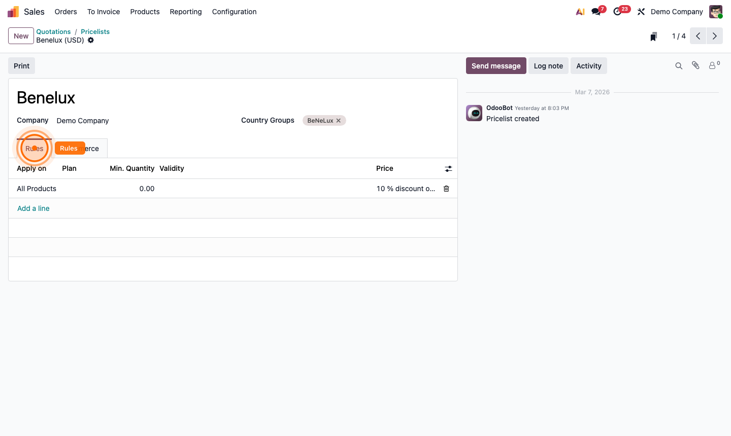 Step 2: Pricelist form with rules tab showing product, discount percentage, and date range fields