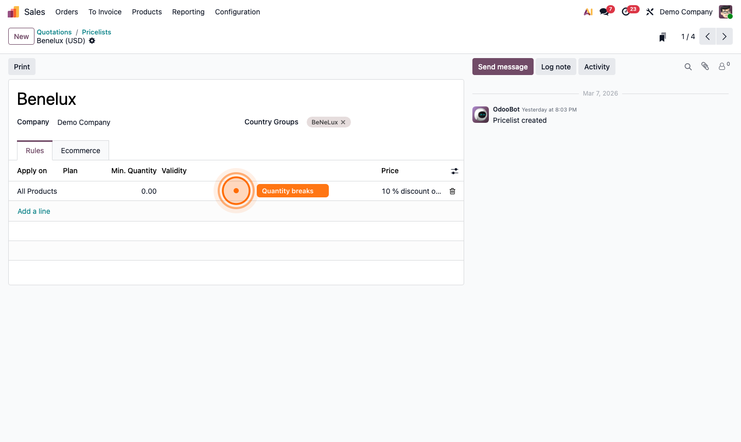 Step 5: Pricelist with quantity break rules showing three pricing tiers for the same product