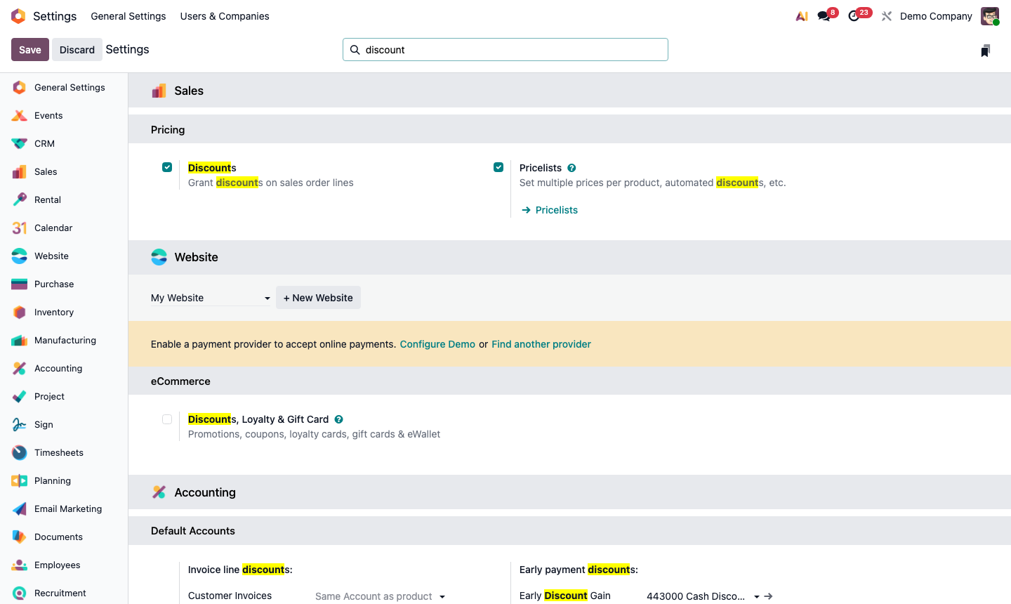 Step 6: Sales settings showing Discount Policy option and pricelist discount display mode
