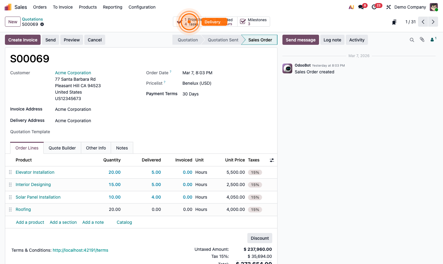 Step 6: Delivery order form linked to sales order with Done column and Validate button